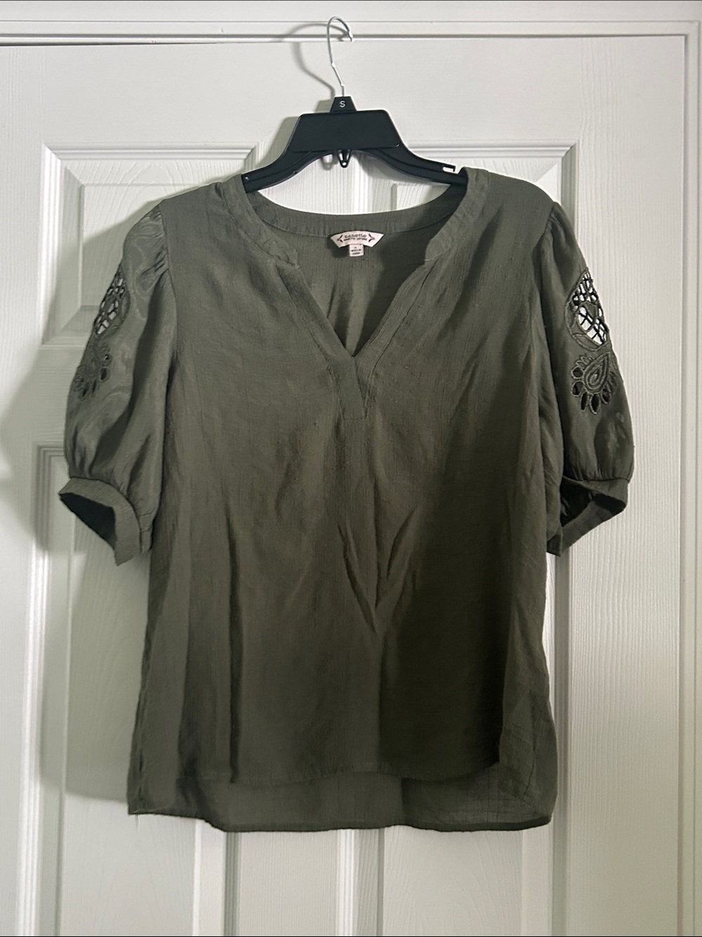 Nanette Lepore Olive Green Embroidered Puff-Sleeve Blouse